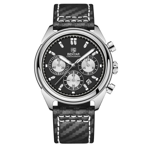 Relógio Masculino Couro Benyar Basel SilverBlack